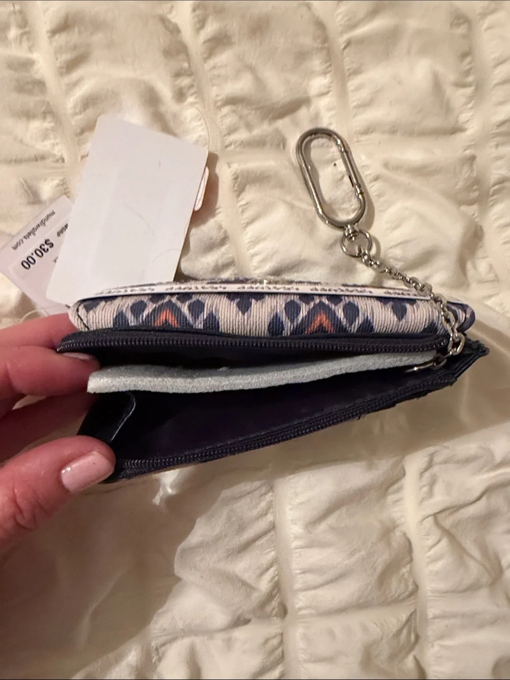 Nordstrom Navy Leather Key & Patterned Card Holder with Orange Accents